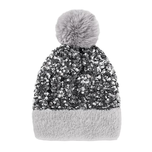 Women Girls Winter Sequin Beanie Hat with Faux Fur Pom Pom Knit Skull Cap - color: Grey