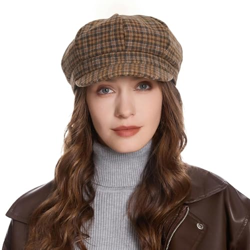 ZLYC Women Classic Newsboy Cap Visor 8 Panel Gatsby Cabbie Paperboy Hat - color: Tartan Brown