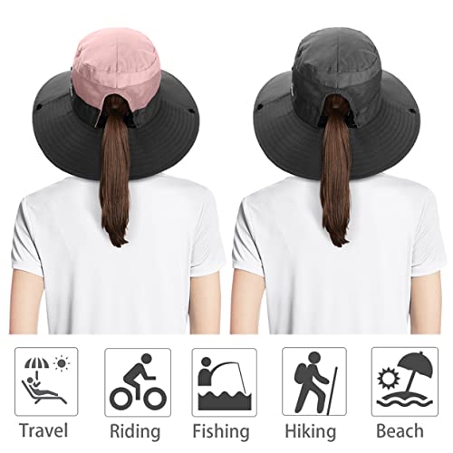 IYEBRAO 2 Pack Womens Ponytail Sun Hat UV Protection Bucket Hats Foldable Wide Brim Summer Boonie Beach Cap Fishing Hiking… - color: Pink & Grey