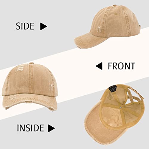 Criss Cross Ponytail Hat Women Washed Distressed Baseball Caps Adjustable High Messy Bun Ponycap - color: B - Denim Khaki
