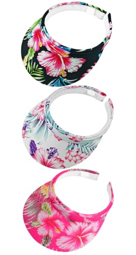 3 Pack Sports Sun Visor Hat Women Men Adjustable Clip On Visors Outdoor Golf Beach Cap - color: Flower-black, White, Rose