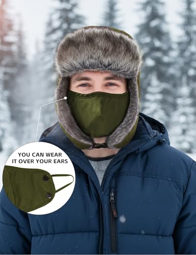 Buauty Fur Trapper Hat for Men Women Winter Windproof Soft Russian Ushanka Hats with Warm Ear Flaps & Removable Mask - color: Army Green