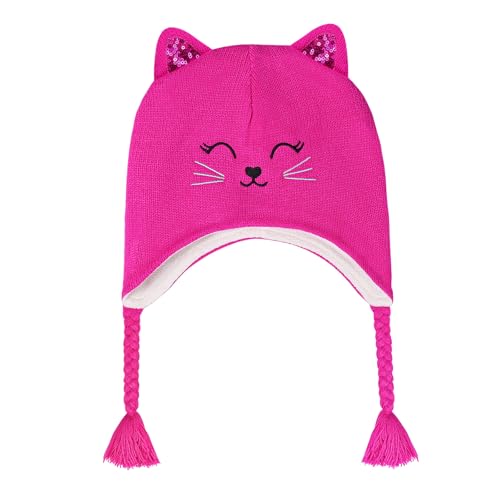 Toddler Girls Cat Ear Winter Hat Warm Knit Beanie Kids Earflap Cap for Cold Weather - color: Knitted Cat Hot Pink