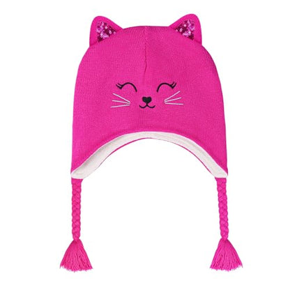 Toddler Girls Cat Ear Winter Hat Warm Knit Beanie Kids Earflap Cap for Cold Weather - color: Knitted Cat Hot Pink