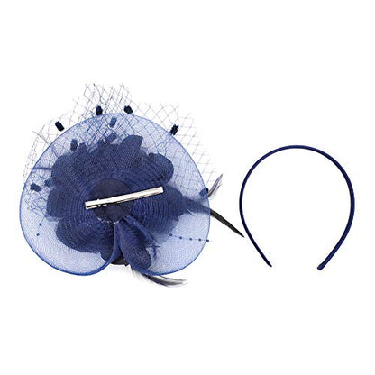 ACTLATI Fascinators Hat for Women Tea Party Headpiece Wedding Cocktail Flower Mesh Feathers Hair Clip 20s Flapper Fascinators - color: A7-navy Blue