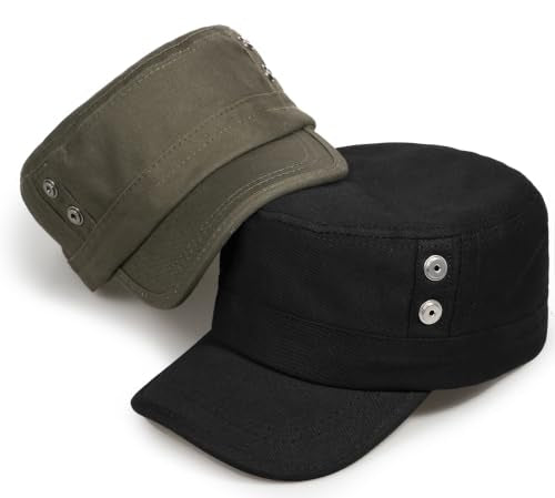 Cadet Army Cap Unisex Military Hat Adjustable Flat Top Cap Baseball Cap - color: Round Button Black