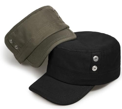 Cadet Army Cap Unisex Military Hat Adjustable Flat Top Cap Baseball Cap - color: Round Button Black