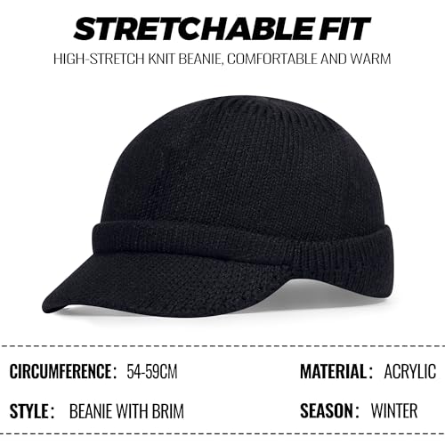 CLAPE Winter Knit Beanie with Brim, Unisex Cozy Head Beanie Hat with Visor, Warm Stretchy Winter Hat - color: Kh25w11-black