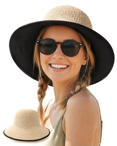 FURTALK Womens Hand-Woven Straw Sun Hat UPF 50+ Packable Summer Wide Brim Beach Linen Lining Bucket Hat with Chin Strap - color: Beige