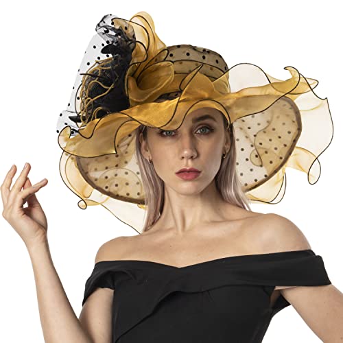 Women's Organza Church Derby Hat Bridal Tea Party Wedding Tea Party Sun Hat with Detachable hat flower as headgear - color: Yellow