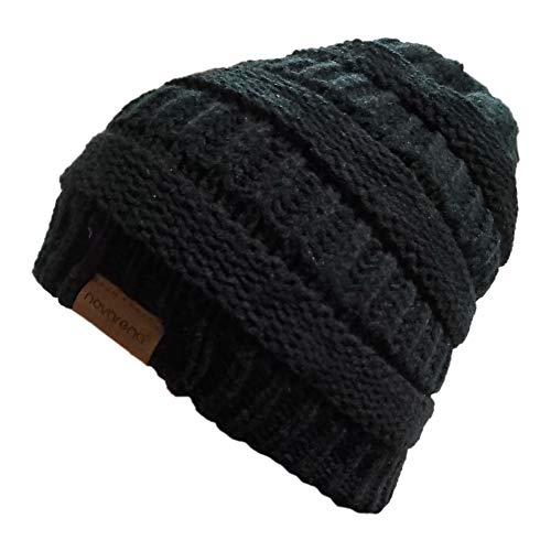Novarena Thick Cable Knit Faux Fuzzy Fur Pom Fleece Lined Skull Cap Cuff Beanie - color: Black Beanie