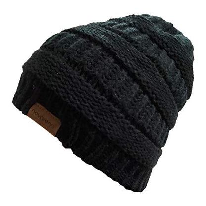 Novarena Thick Cable Knit Faux Fuzzy Fur Pom Fleece Lined Skull Cap Cuff Beanie - color: Black Beanie