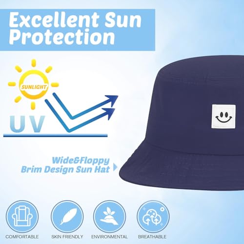 Kids Sun Hat Smile Face Bucket Hat for Girls Boys Summer Sun Protection Cotton Unisex Beach Cap - color: Navy