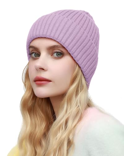 ROYBENS Womens Satin Lined Beanie for Men Wool Knit Cuffed Warm Winter Hats - color: 1pcs--light Purple
