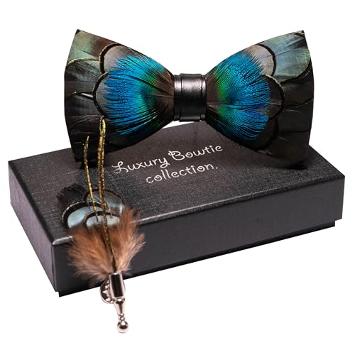 RBOCOTT Handmade Feather Pre-tied Bow tie and Brooch Sets for Men - color: Peacock Blue/Dark Green
