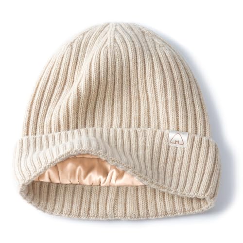 Hat Hut Wool Beanie Satin Lined Winter Hats Slouchy Beanie with Silk Lining Warm Wool Knit Ski Hat Cuffed Cap Women Men - color: Dark Beige