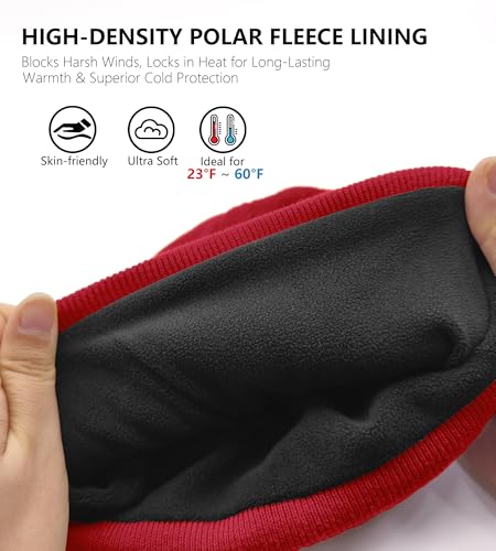 Fleece Lined Beanie for Men Women Knit Thick Warm Winter Beanies Hat - color: Red