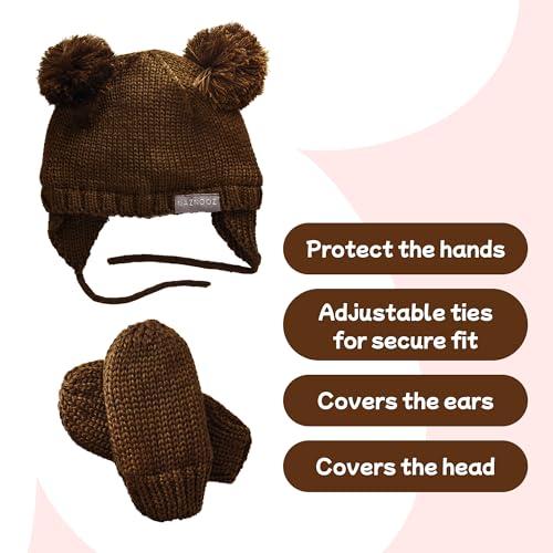 Knitted Colorful Double Pom-Pom Baby Hat and Mittens Set|Warm Winter Newborn Essentials for Boys and Girls 0-6 Months - color: Brown