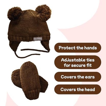 Knitted Colorful Double Pom-Pom Baby Hat and Mittens Set|Warm Winter Newborn Essentials for Boys and Girls 0-6 Months - color: Brown