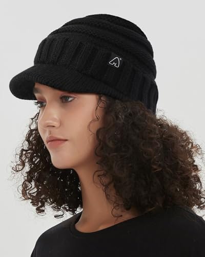 Hat Hut Beanie Hats for Women Men Satin Lined Winter Hats for Women Slouchy Beanies Satin Lined Beanie with Brim Visor - color: Black