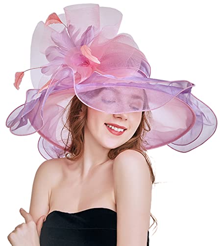 Women Derby Church Organza Flower Wedding Tea Party Fascinator Wide Brim Sun Hat - color: H2-purple,pink Flower