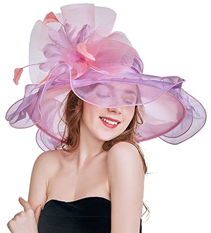 Women Derby Church Organza Flower Wedding Tea Party Fascinator Wide Brim Sun Hat - color: H2-purple,pink Flower
