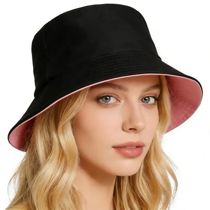 Bucket Hat for Men and Women 2-in-1 Reversible Sun Protection Fashion Flat Top Cap for Fishing Travel Beach Sports - color: Pink-black