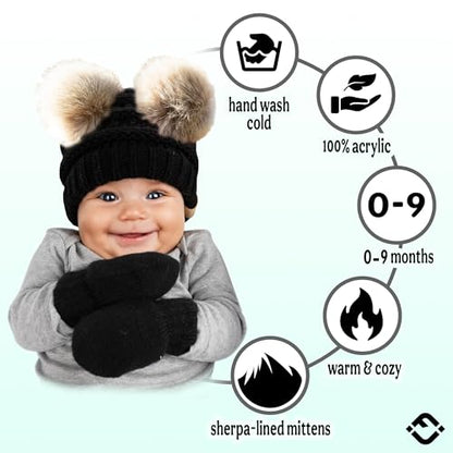 Funky Junque Baby Double Faux Fur Pom Pom Beanie & Mittens Set – Newborn Infant 0–9 Months Winter Hat with Soft Lined Mittens - color: Black (Faux Fur Pom) W/ Black Mittens (0-9 Months)