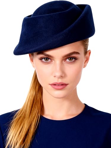 Small Top Hats for Women Elegant Winter Vintage Beret Wool Felt Fedoras Ladies Luxury Wedding and Church Cap Female - color: Navy Blue