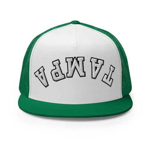 NX Upside Down Tampa Embroidered Flat Bill Trucker Hat High Crown Snapback Cap - color: Kelly/ White/ Kelly