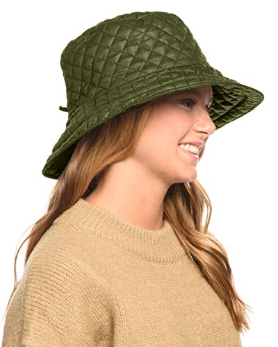 Foldable Water Repellent Quilted Rain Hat w/Adjustable Drawstring, Bucket Cap - color: Olive