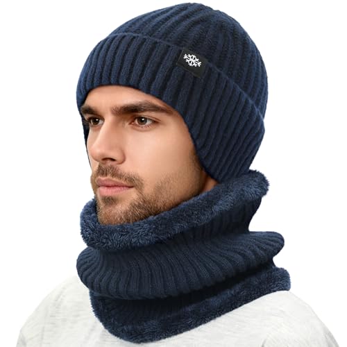Trifabricy Winter Knit Hat Scarf Set, Fleece Lined Beanie and Neck Warmer - color: Dark Blue