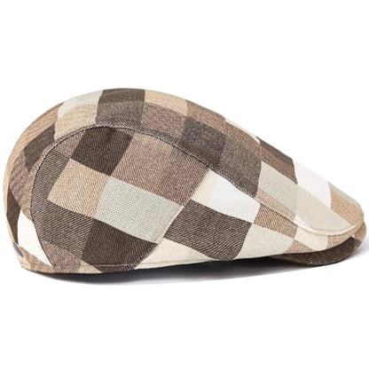 Flat Cap for Men Cotton Plaid Ivy Newsboy Hat Driving Golf Cap - color: Khaki