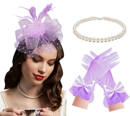 Fascinators Hat for Women Tea Party Headband Kentucky Derby Wedding Flower Cocktail Mesh Feathers Hair Clip - color: 1-lavender Set