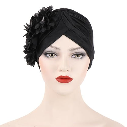 Flower Pre-Tied Turban Beanie, Soft Chemo Cap for Women Cancer Hair Loss - color: Black