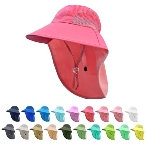 Rosoz Kids Sun Hat with Neck Flap UV Protection Summer Toddler Beach Hat Unisex Ponytail Hat Wide Brim Fishing Hat - color: 1pack-rose Red