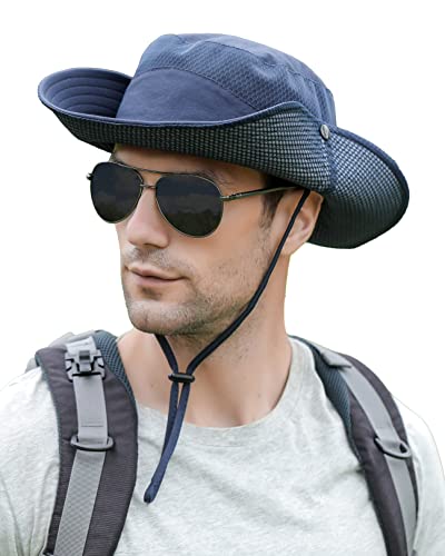 Mens Sun Hat Wide Brim Breathable Mesh UPF 50+ Waterproof Fishing Hat Safari Hat Foldable Boonie Cap - color: Navy Blue