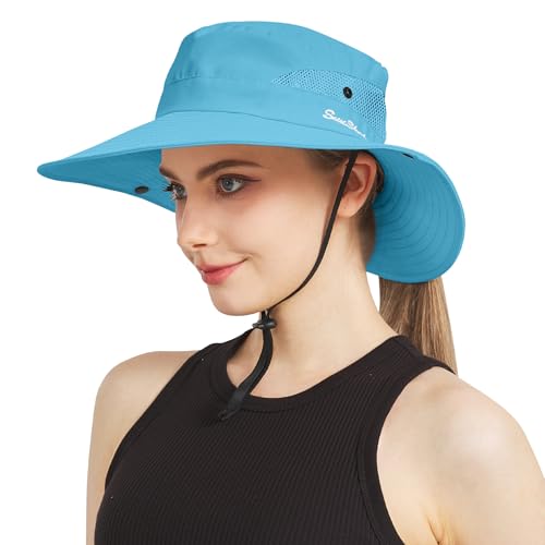 NPJY Ponytail Sun Hats for Women Men Wide Brim UPF Fishing Bucket Hat - color: Skyblue(ponytail Hole)