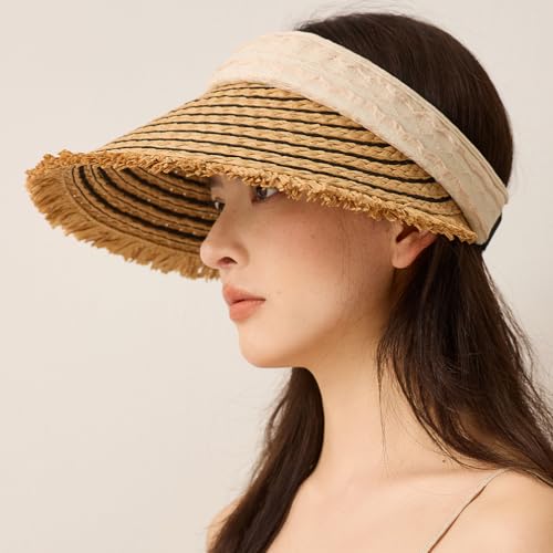 Straw Sun Visor Summer UV Protection Packable Wide Brim Beach Hat Ponytail Women - color: B-beige