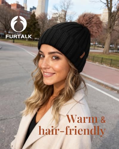 FURTALK Womens Winter Beanie Hat Satin Lined Faux Fur Pom Pom Beanies Hat for Women Winter Warm Knit Hats - color: Black