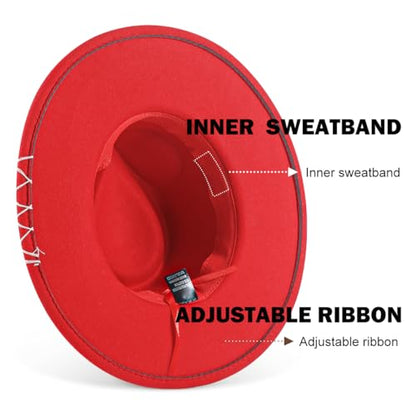 Big Brim Fedora Mens Women Boho Hat Handmade Dress Up Hats - color: Red