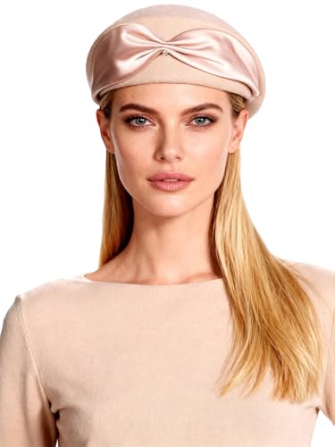 HIMESPORT Wool Felt Beret Hat for Women - Bowknot Bead Decor, Winter Church Tea Party Fascinator, Wedding Cocktail Dress - color: Beige