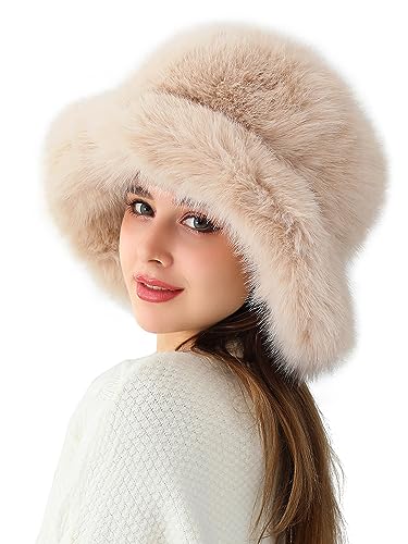 LA CARRIE Women's Fuzzy Wide Brim Faux Fur Bucket Hat Winter Fisherman Cap - color: Beige