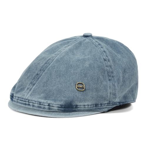 Clakllie Octagonal Newsboy Hat with Chic Stripe Design Herringbone Ivy Cabbie Hat Denim Cotton Gatsby Driving Cap for Daily - color: Nb2610-washedlightblue