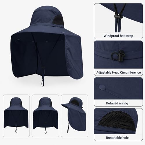 HUAMULAN Women Men Wide Brim Sun Hat Hiking Fishing Hats with Neck Flap - color: Navy Solid