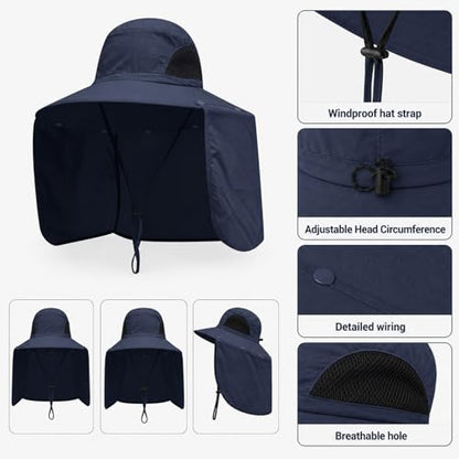 HUAMULAN Women Men Wide Brim Sun Hat Hiking Fishing Hats with Neck Flap - color: Navy Solid