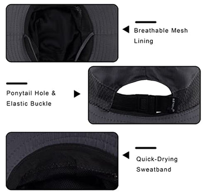Muryobao Women Ponytail Sun Hat Summer UV Protection Cap Outdoor Foldable Mesh Wide Brim Bucket Hats for Beach Fishing Garden - color: Dark Grey