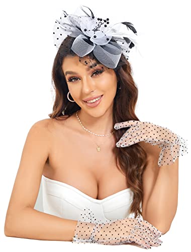 Fascinators Hat Clip Hat Wedding Cocktail Tea Party Headwear and Short Lace Bowknot Gloves for Women - color: Black & White