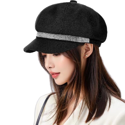 Women Rhinestone Hat Band Newsboy Hat Cabbie Baker boy Hat Beret Cap - color: Black