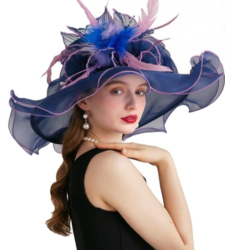 ORIDOOR Women Hats Headband Hairpin Organza Fascinator Church Hat Floral Tea Party Wedding Hat - color: 006 Navy Blue and Pink